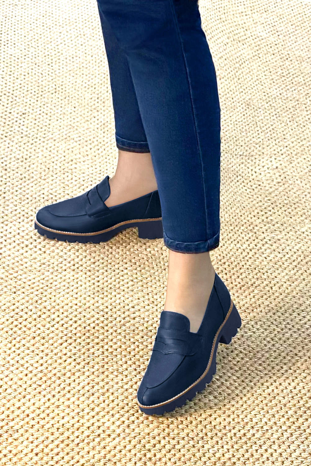 Navy blue women's casual loafers. Round toe. Low rubber soles. Worn view - Florence KOOIJMAN